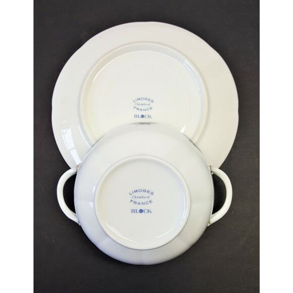 Block China Chambord Limoges Cream Soup Bowl w/Underplate Gray/Black on White - Picture 4 of 6